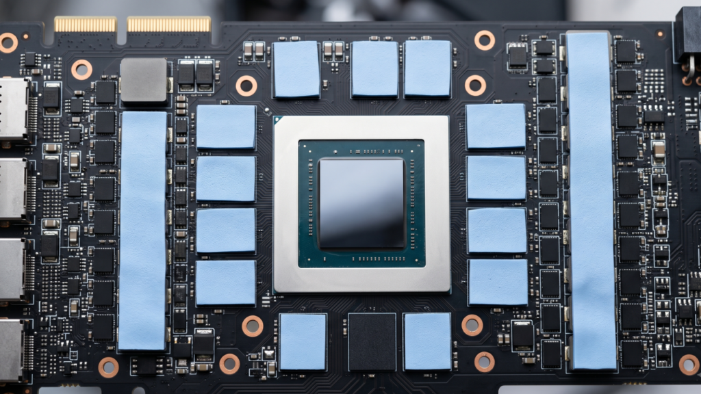 Light blue thermal pads precisely placed on top of black VRAM memory chips on a graphics card.