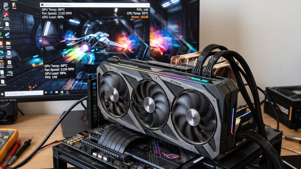 A close-up of a used GPU being tested with benchmark software on a monitor. for best budget gaming pc