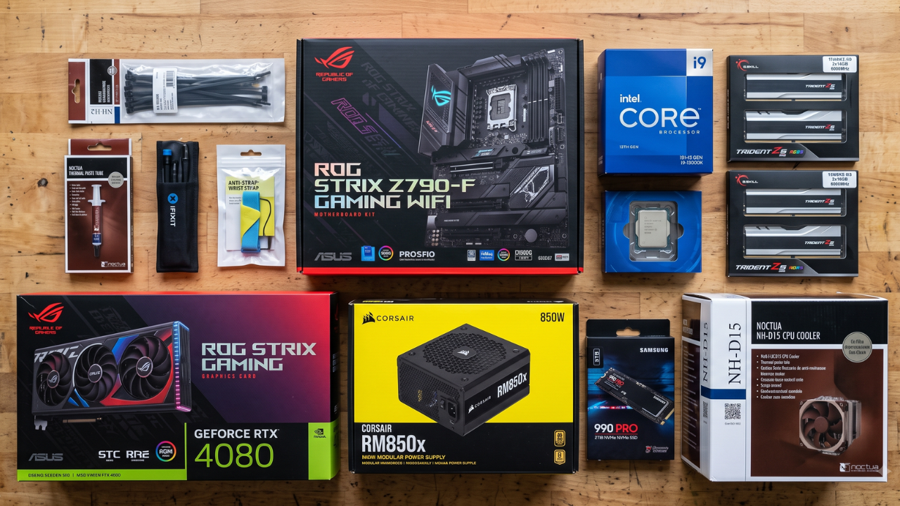 A top-down flat lay of all the components (CPU, Motherboard, RAM boxes) in their packaging before assembly.