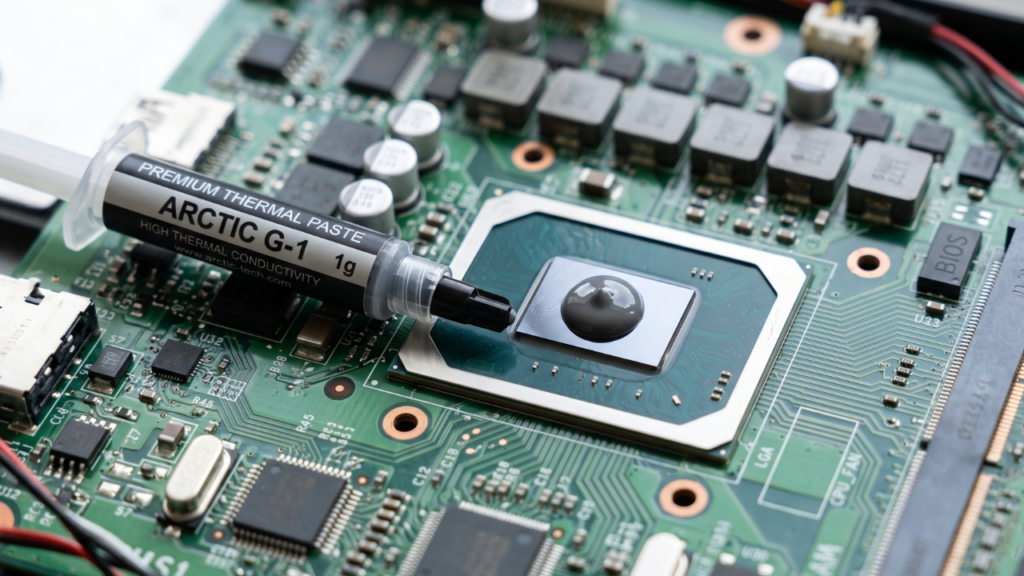 Fresh thermal paste applied to a laptop CPU processor die on a motherboard.