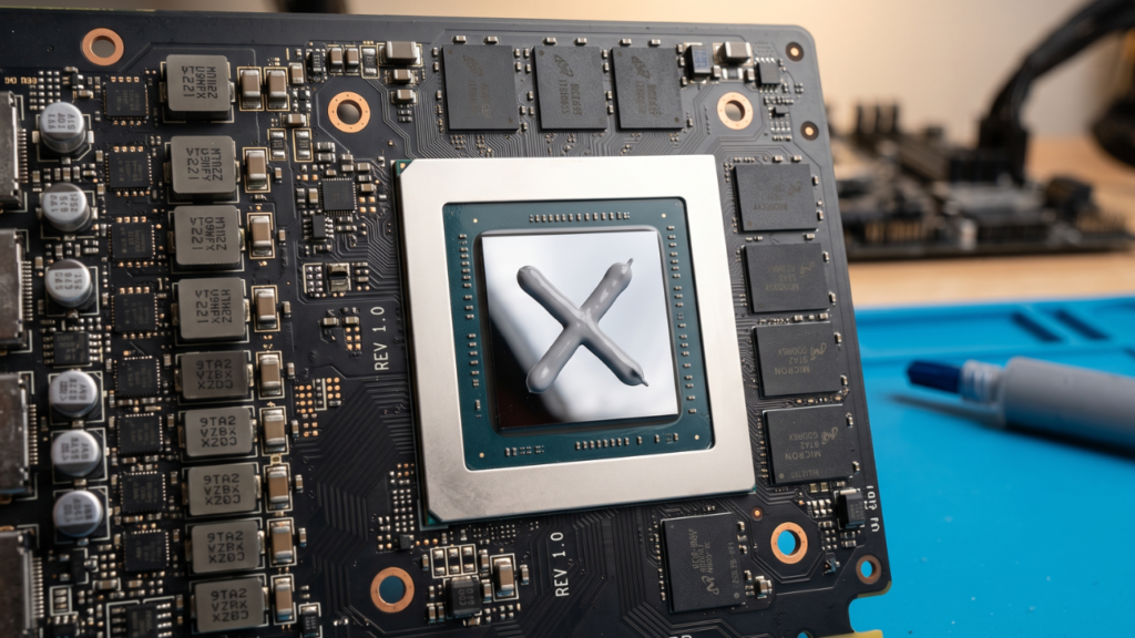 A clean graphics card processor die with a fresh cross-shaped application of grey thermal paste.