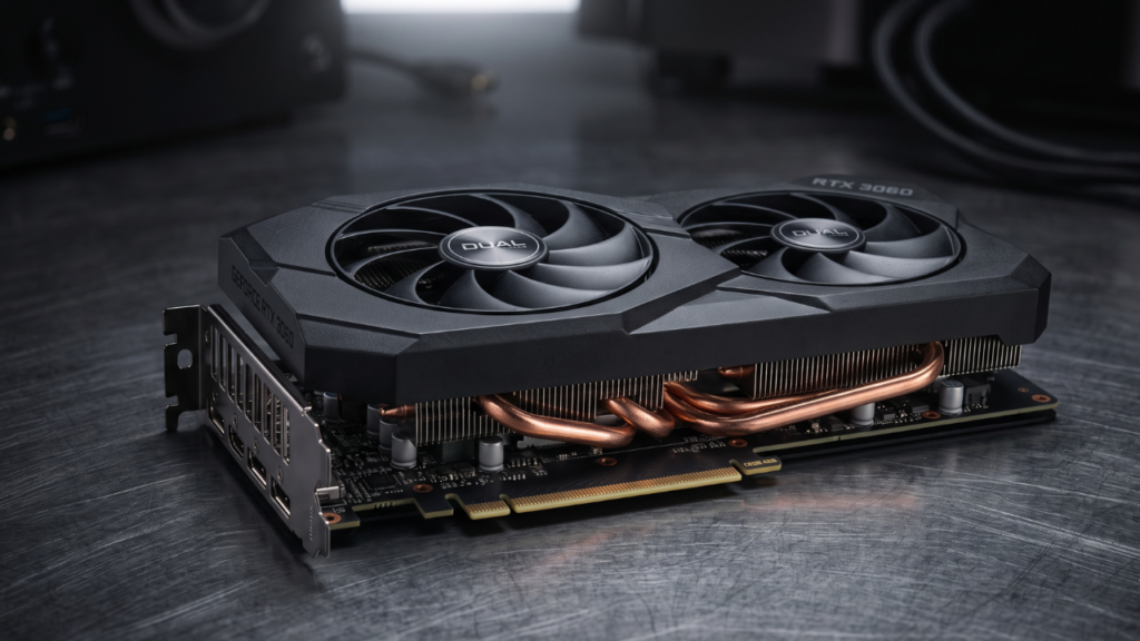A compact dual-fan graphics card resting on a dark surface in a studio setting.