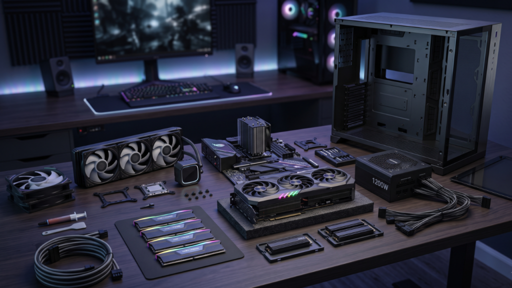 Complete set of components unboxed on a desk ready to build a gaming pc for 4K performance.