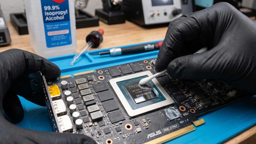 Gloved hands carefully cleaning a shiny GPU die with a cotton swab and isopropyl alcohol.