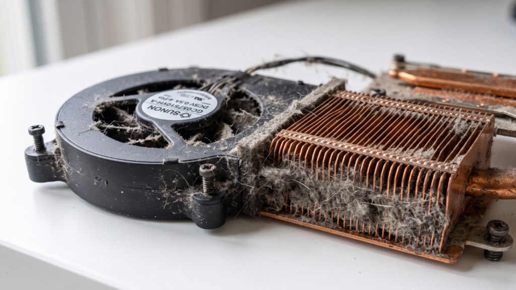 A laptop cooling fan and copper heatsink heavily blocked by accumulated dust and debris.