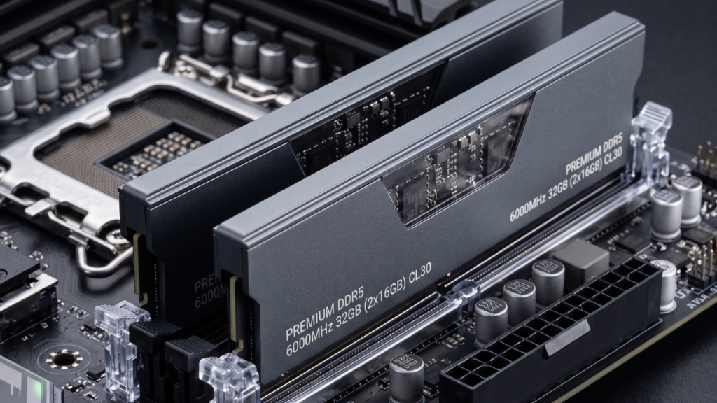 Dual-channel DDR5 memory kit installed on an AMD AM5 motherboard.