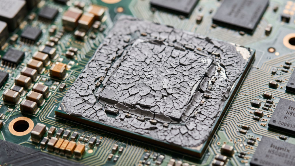 A close up of an exposed graphics card die covered in dry and cracking thermal paste.
Caption: Factory thermal paste often dries out over years of heavy gaming, leading to severe overheating.