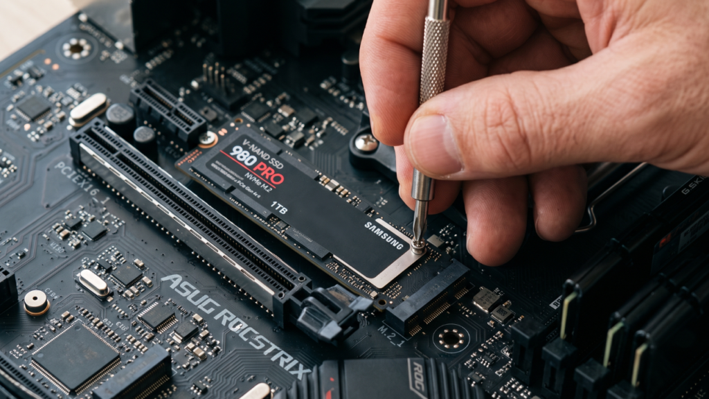 Installing a fast Gen4 NVMe SSD into a motherboard slot using a small screwdriver.