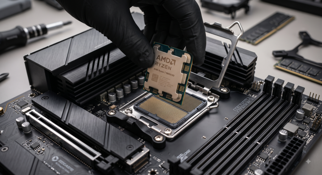 AMD Ryzen 7 9800X3D processor placed carefully into an AM5 socket motherboard.
