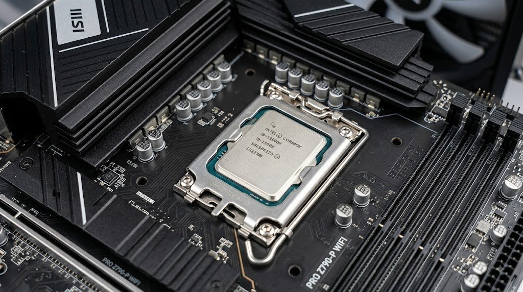 Installing the Intel Core i5-14400F CPU into an MSI Pro Series motherboard.