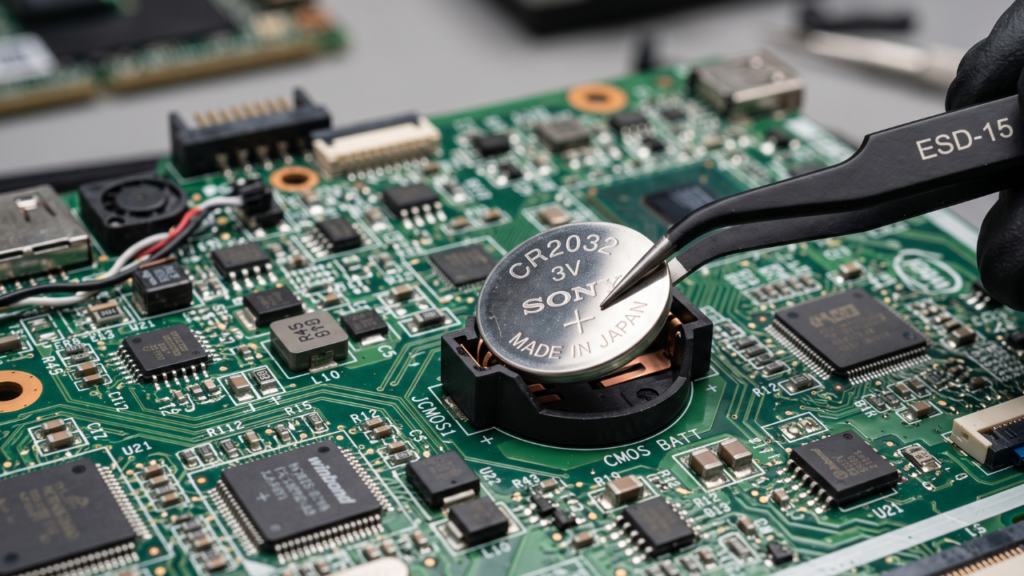 A technician using tweezers to insert a silver CMOS coin-cell battery into a laptop motherboard.