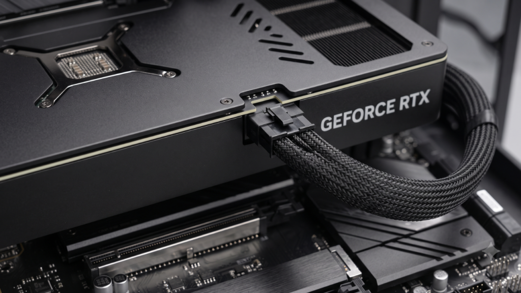 Close-up of the graphics card power delivery connection using an ATX 3.1 12V-2x6 cable.