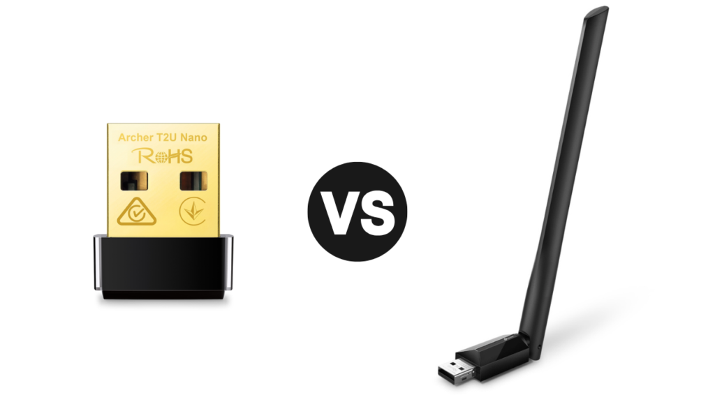 Side by side comparison of a tiny nano USB Wi-Fi adapter and a large high-gain antenna Wi-Fi adapter.