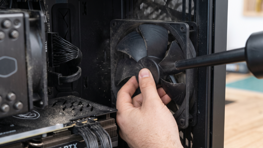 Crucial Safety Step: Always hold the fan blades still while blowing air on them. Letting them free-spin can generate dangerous reverse voltage.