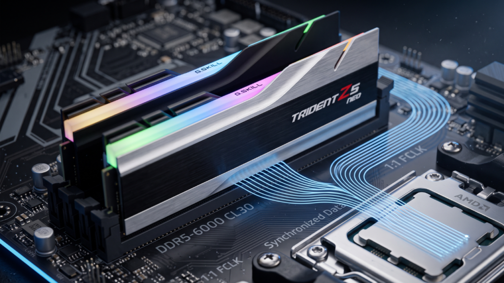A macro photograph of G.Skill Trident Z5 Neo RGB RAM modules seated on the X870 motherboard, showing tight focus on the metal heatspreaders with subtle blue data streams illustrating synchronized data flow to the CPU.
