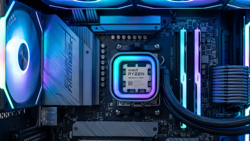 A photorealistic view of a sophisticated gaming PC interior focusing on an AMD Ryzen 5 7500F CPU running on an AM5 motherboard with DDR5 RAM, glowing with smooth, cool ARGB lighting.