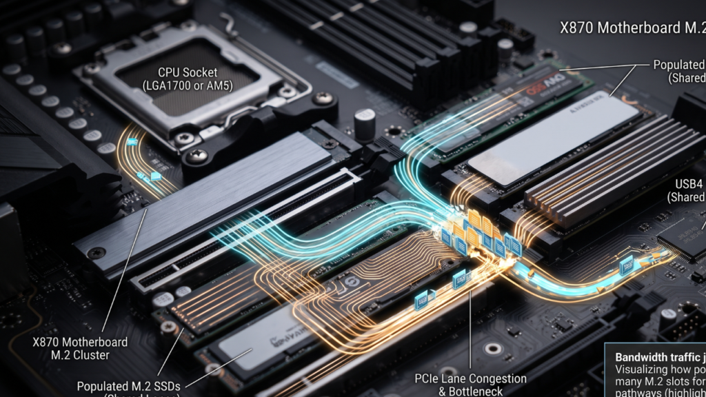 A macro photograph focusing on populated M.2 slots on the X870 motherboard, showing complex PCB trace lines highlighted with glowing data paths visually leading to the CPU and USB4 controller to illustrate bandwidth sharing.